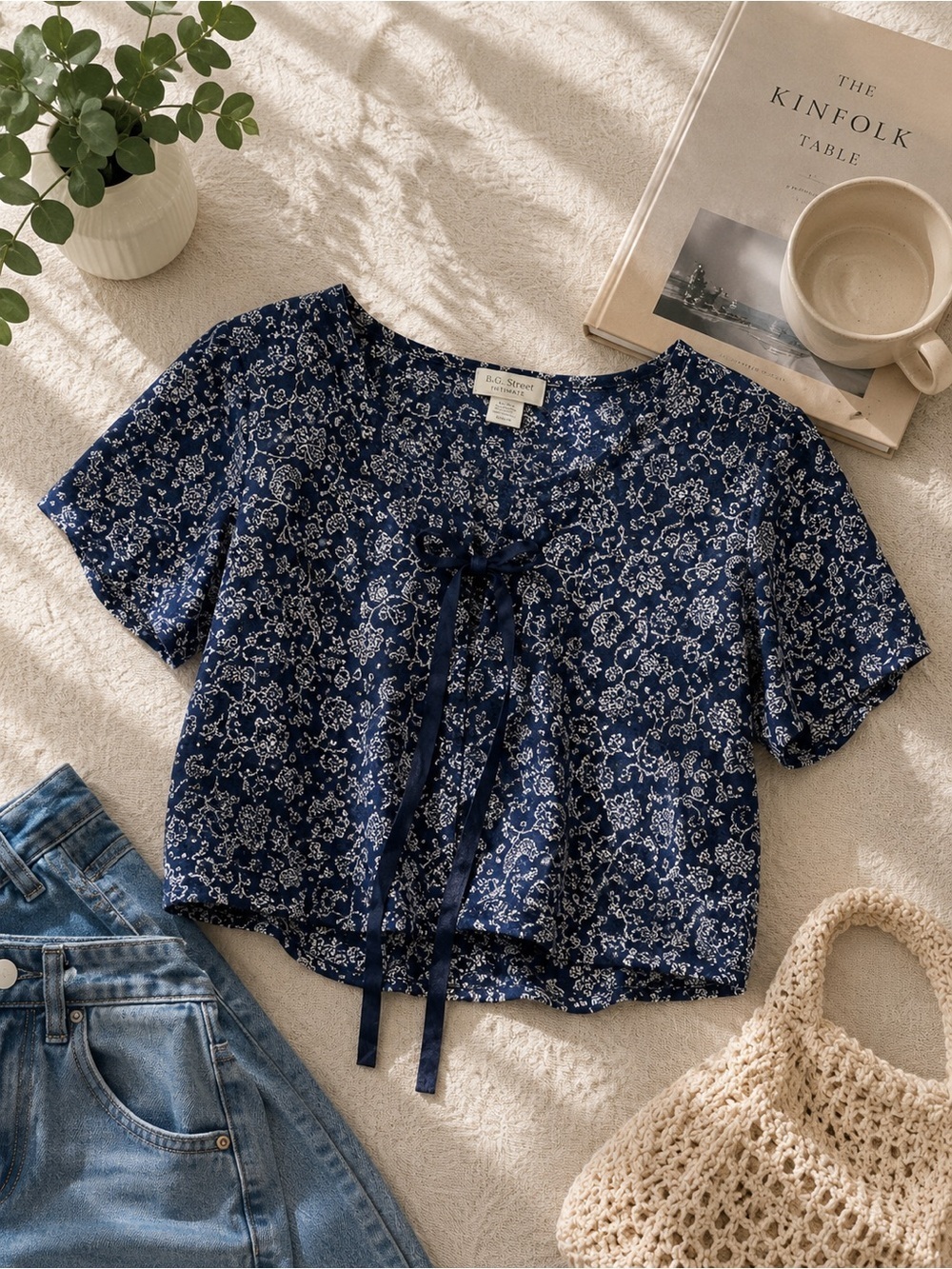 Blue Floral Paisley Print Blouse Lace-Up Crop Top 100% Cotton